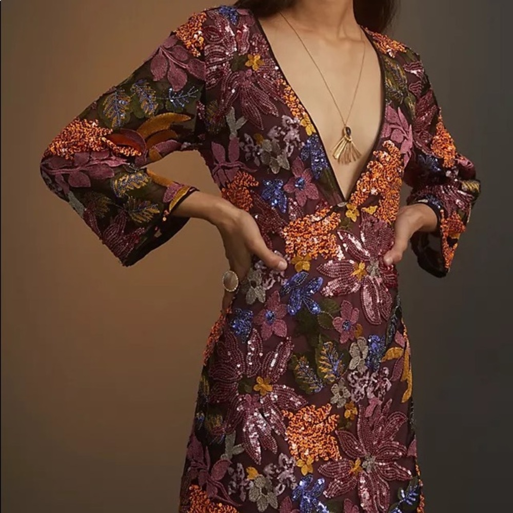 Anthropologie Sequin Emroidered Floral Mini Dress